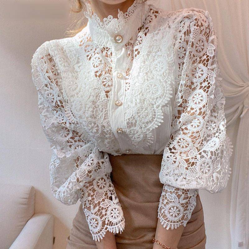 Women’s Petal Sleeve Stand Collar Blouse New Arrivals Women's Fashion color: Apricot|Black|White