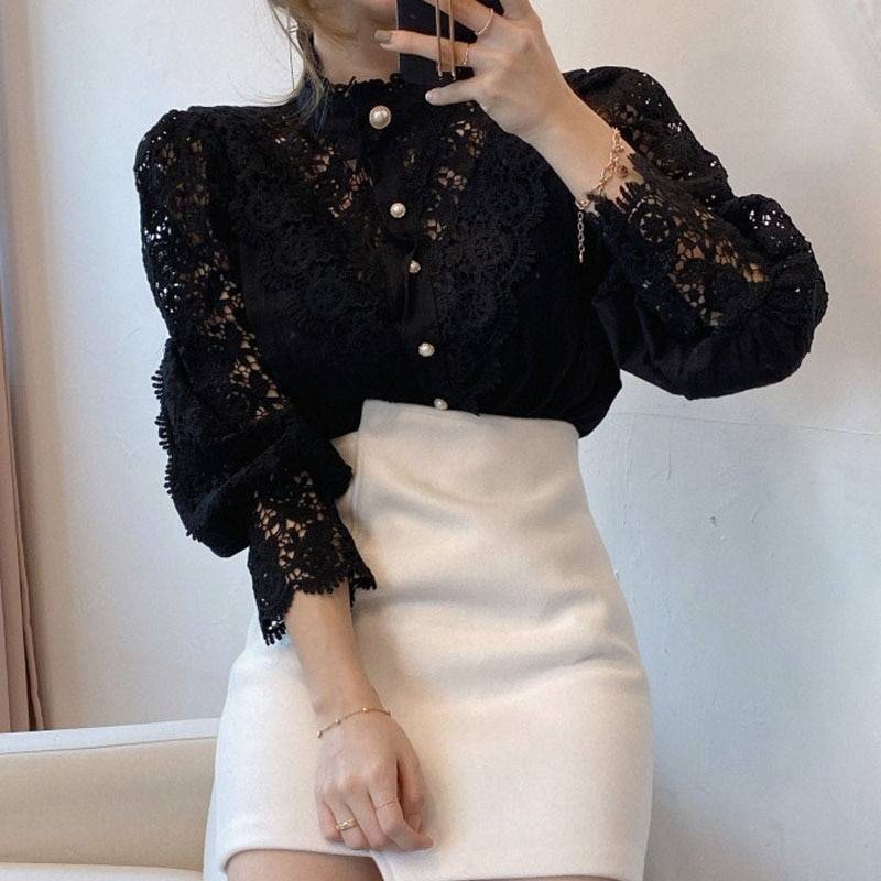 Women’s Petal Sleeve Stand Collar Blouse New Arrivals Women's Fashion color: Apricot|Black|White