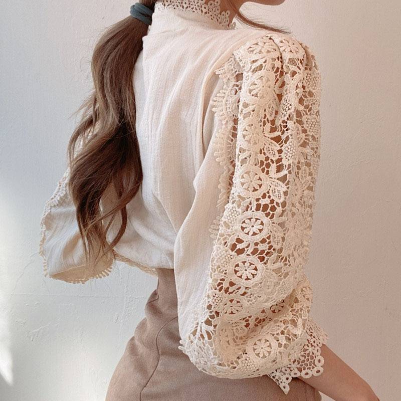 Women’s Petal Sleeve Stand Collar Blouse New Arrivals Women's Fashion color: Apricot|Black|White