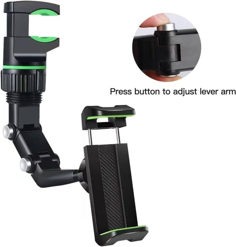 360° Universal Car Rearview Mirror Phone Holder Secur - Button to adjust lever arm