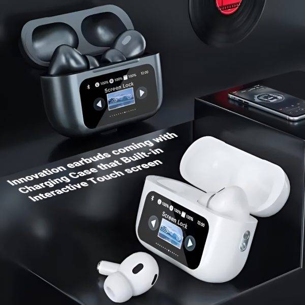 A9-Pro ANC AirPods White Touch Screen Bluetooth 5.4 - Main view. white and black airpods whith cases.