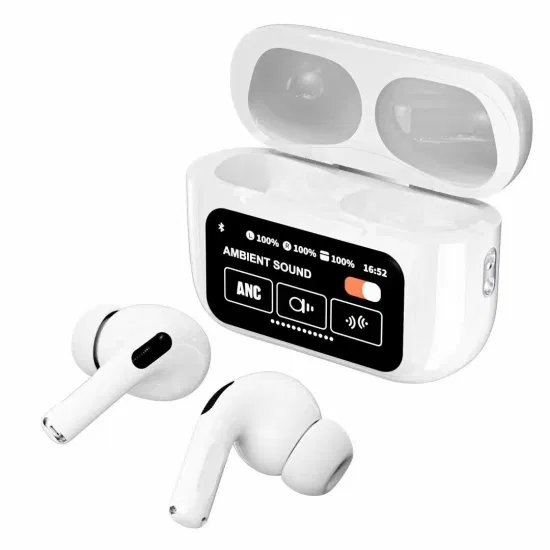 A9-Pro ANC AirPods White Touch Screen Bluetooth 5.4 - Protective case with earpods view