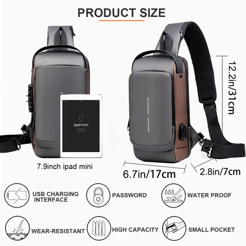 Anti-Theft USB Charging Crossbody Bag Black 5L Secure Anti-Theft USB Charging Crossbody Bag Black 5L Secure - Size view and functions