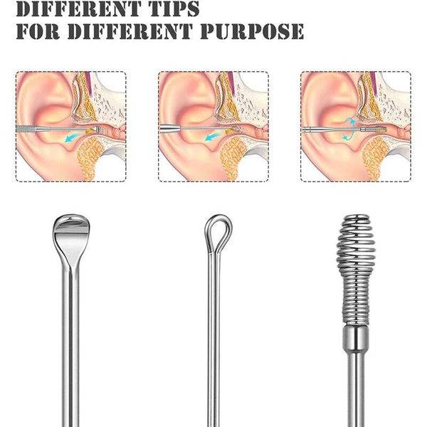 6-Piece Ear Wax Cleaning Kit Portable Spiral Scoop Tools Close-up of ear wax removal tools