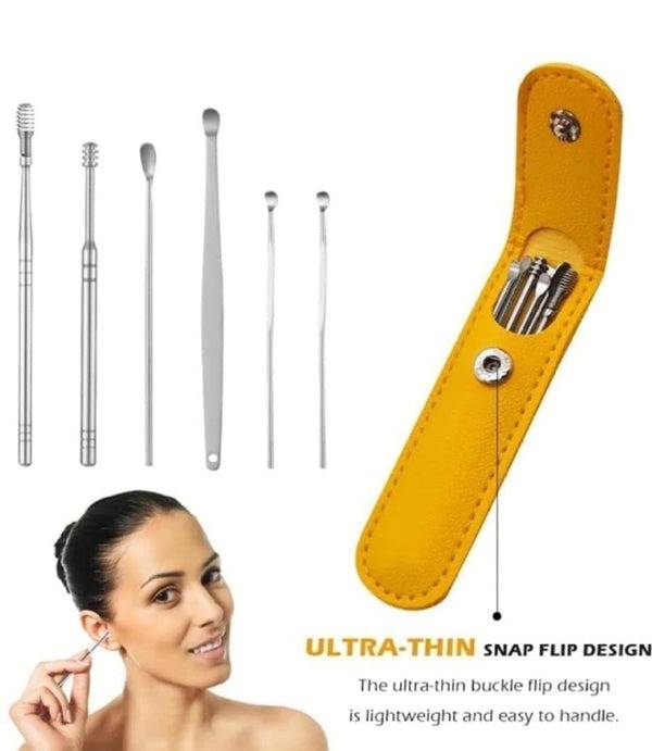 6-Piece Ear Wax Cleaning Kit Portable Spiral Scoop Tools Close-up of leather pouch with tools inside