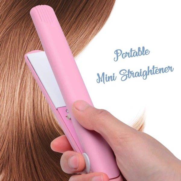 Lady using mini hair straightener on curly hair