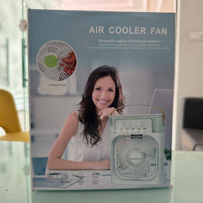 Portable Air Conditioner Fan, Mist Humidifier, LED Night Light - Display of fan with box