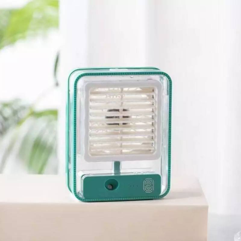 Portable USB Air Cooler Fan 3-Speed, Mist Spray, Rechargeable Portable USB Air Cooler: 3-Speed Mist Spray Fan - Display on table