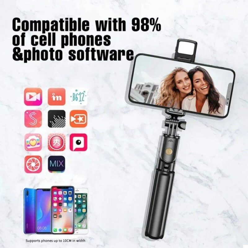 R1s Bluetooth Selfie Stick Tripod Remote LED Light Black - Main full view