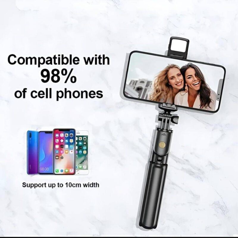 R1s Bluetooth Selfie Stick Tripod Remote LED Light Black - Support up to 10cm width of mobiles