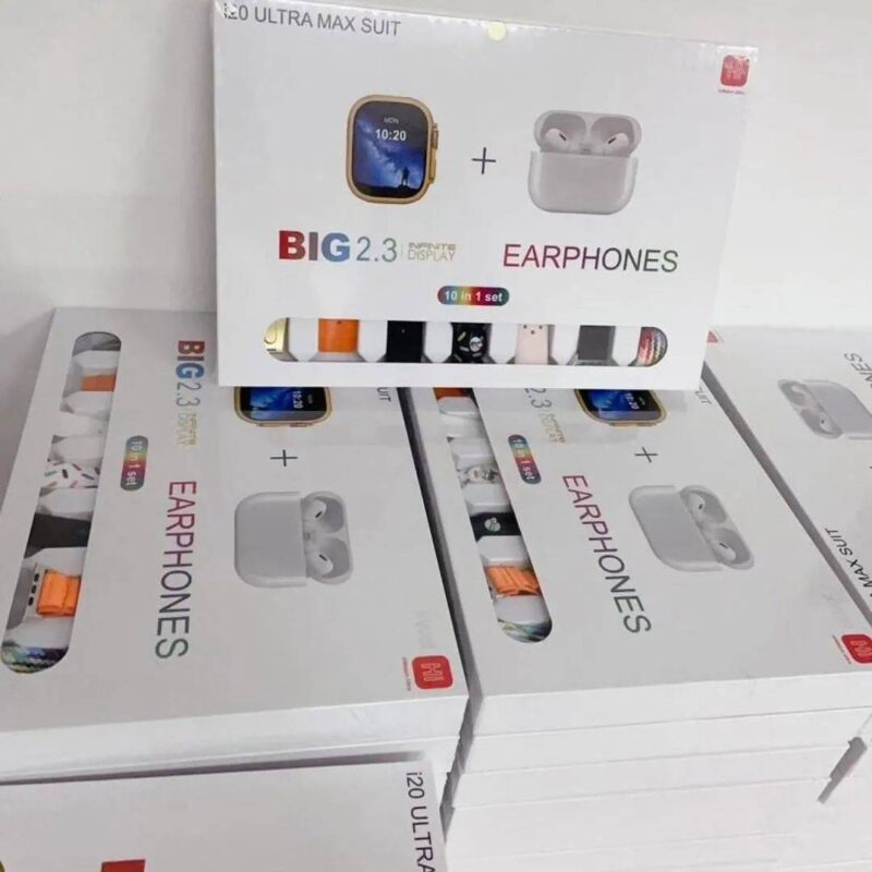 Smartwatch Earbuds Combo Set: i20 Ultra Max 10-in-1 - Full pakage display