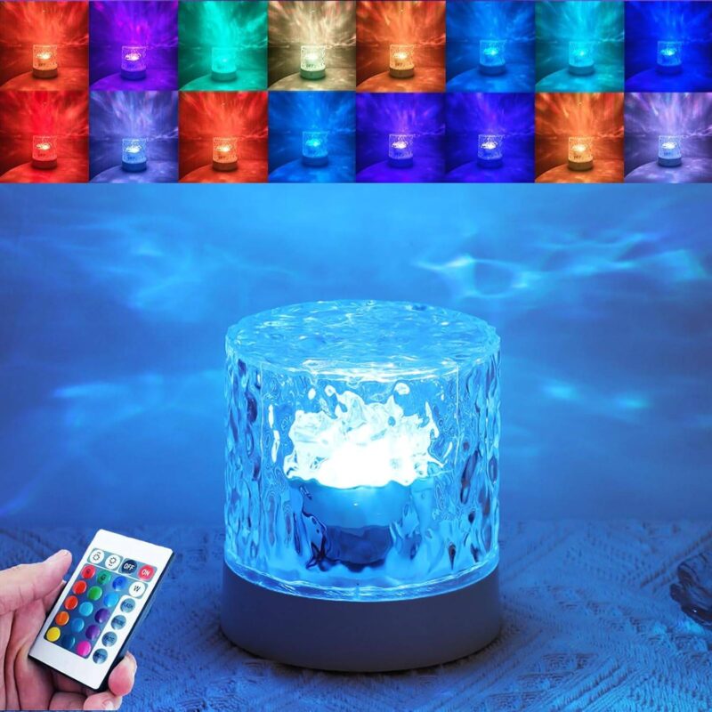 Water Ripple Night Light 16-Color Rotating Lamp - Easy to use with remote