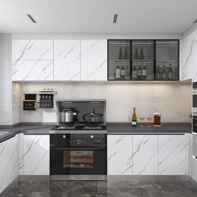 White Grey Marble Sheet Sticker 60x200cm PVC Self-Adhesive White Grey Marble Sheet Sticker 60x200cm PVC Self-Adhesive - Kitchen view with pasted stickers