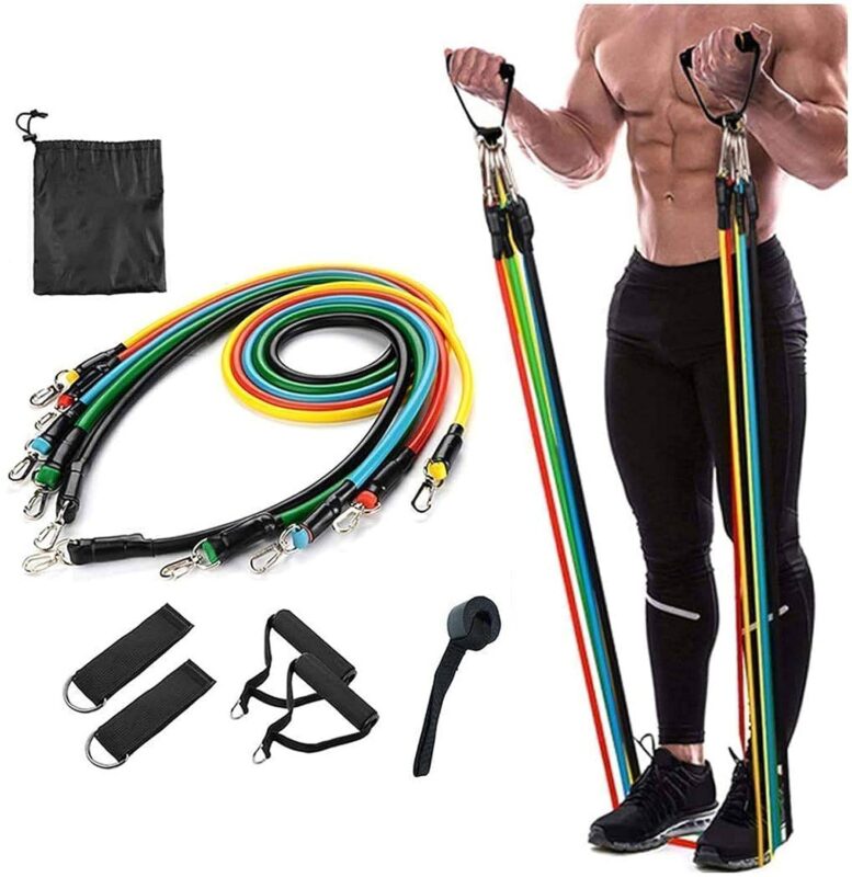 5-in-1 Power Exercise Resistance Band Set Bodybuilder using all 5 bands of 5-in-1 Resistance Band Set