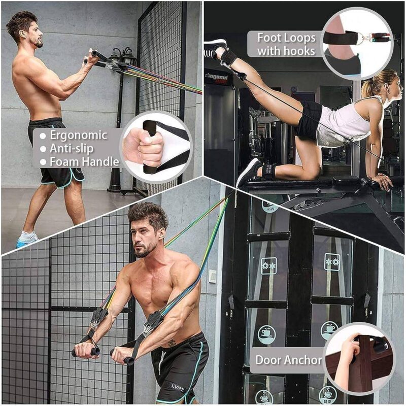 5-in-1 Power Exercise Resistance Band Set Boy and girl showing foam handles of 5-in-1 Resistance Band Set