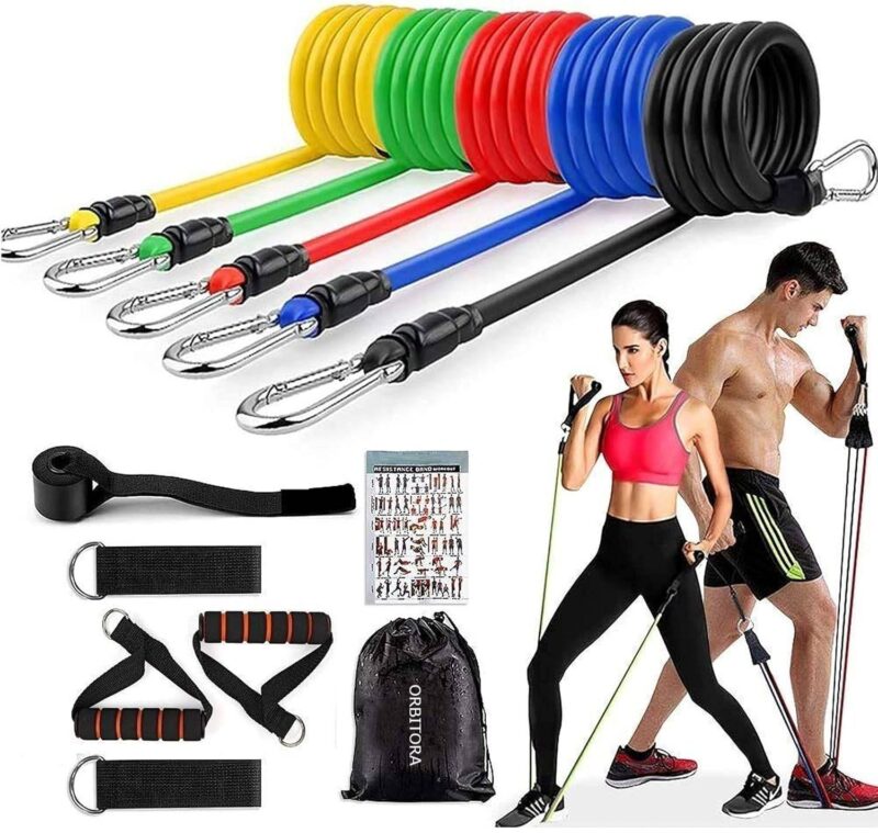 5-in-1 Power Exercise Resistance Band Set Boy and girl using 5-in-1 Resistance Band Set