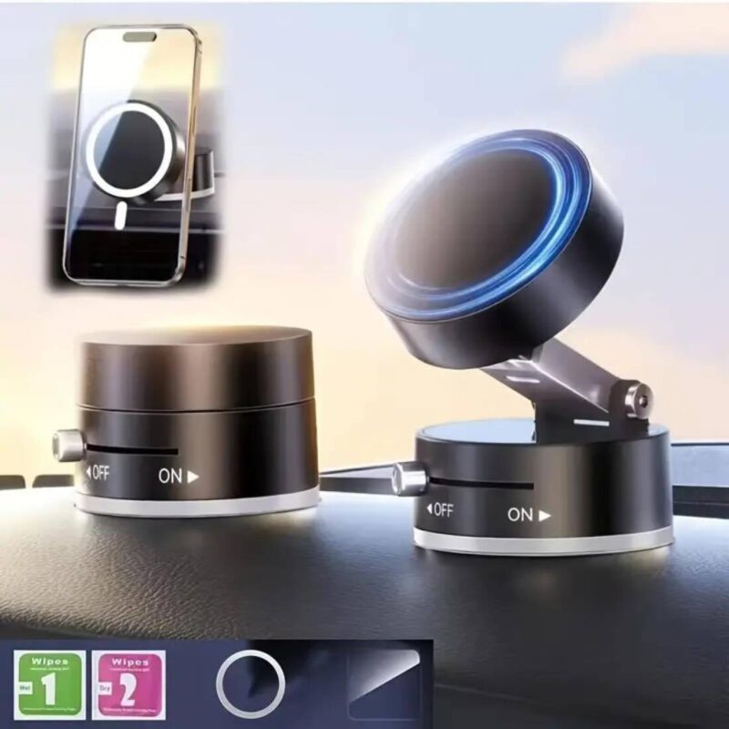 Magnetic Wireless Phone Holder with phone on car dashboard
