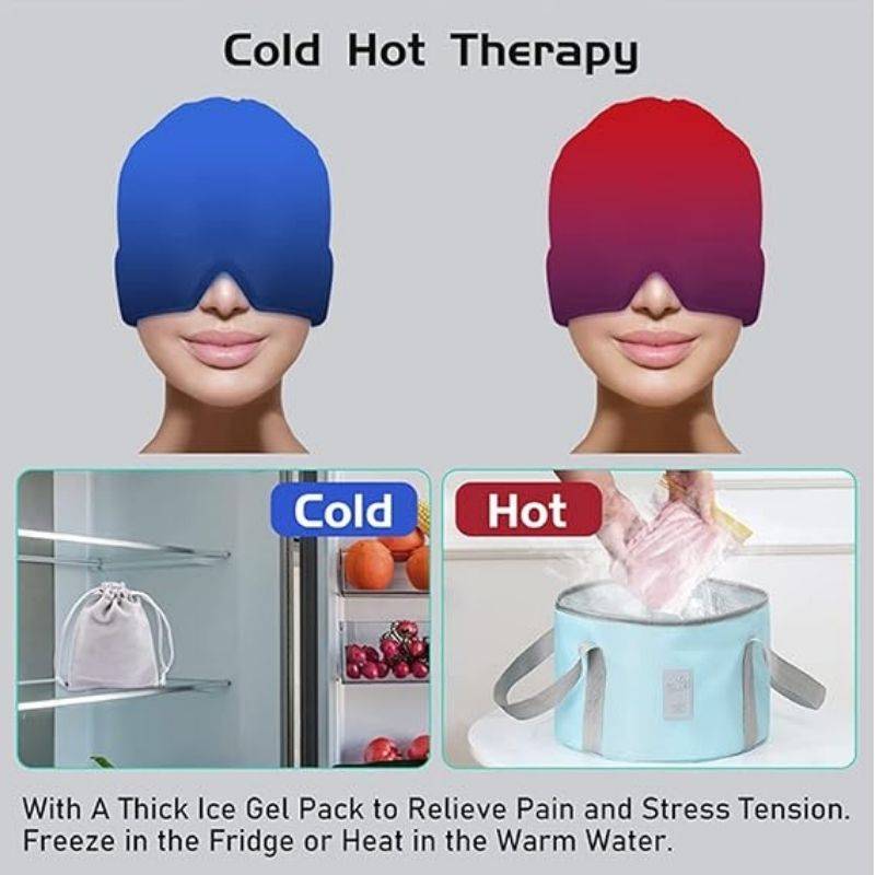 Model using Headache Relief Cap for hot and cold therapy